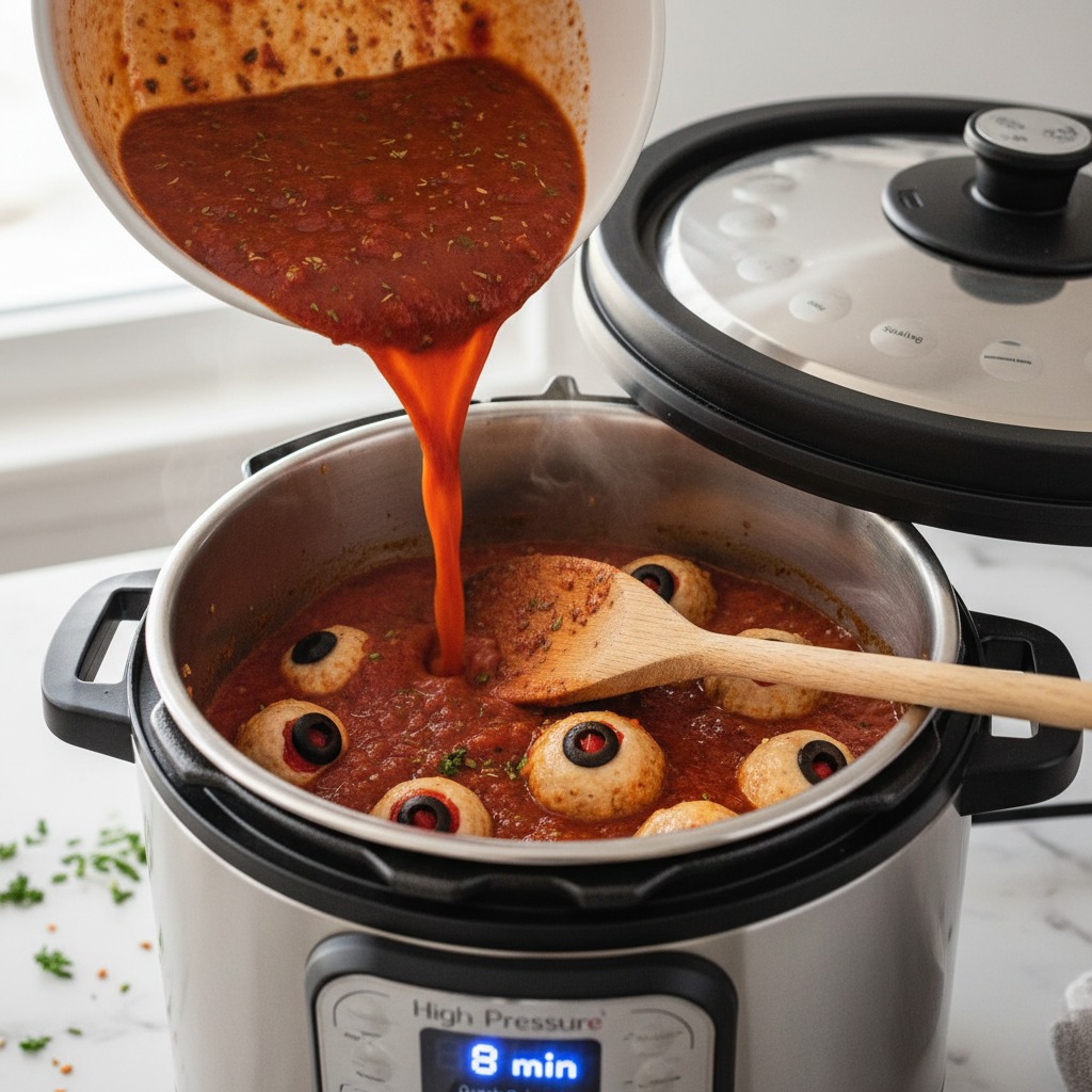 Add sauce, deglaze, and pressure cook