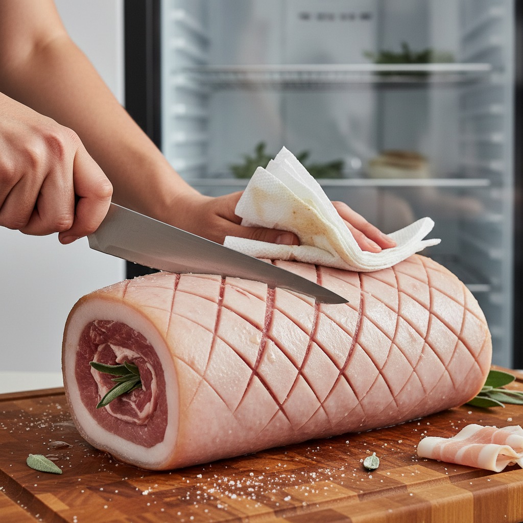 Score and dry the skin for crackling