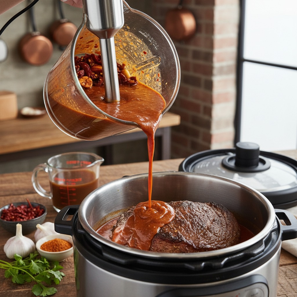 Blend the sauce and pressure cook the beef