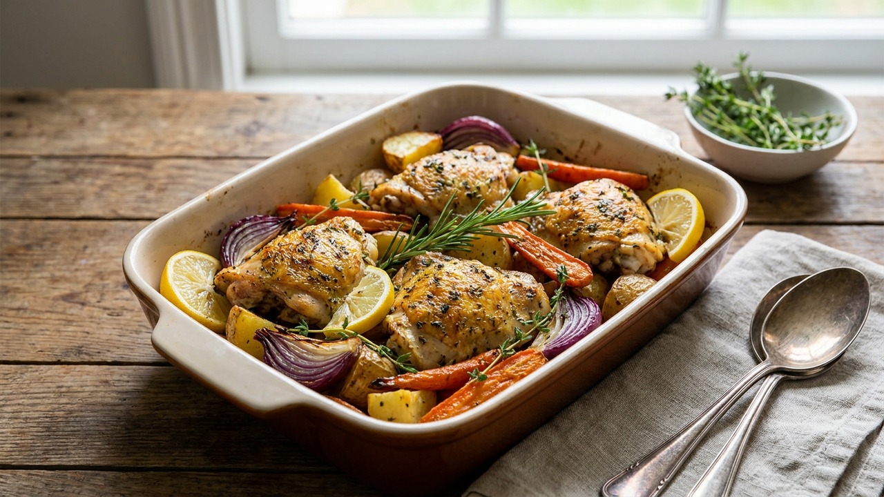 Sheet Pan Lemon Herb Chicken Thighs with Roasted Vegetables
