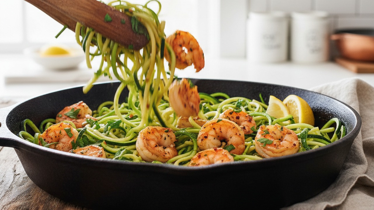 Toss shrimp with zoodles and serve