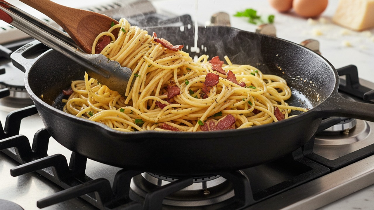 Toss pasta in bacon fat