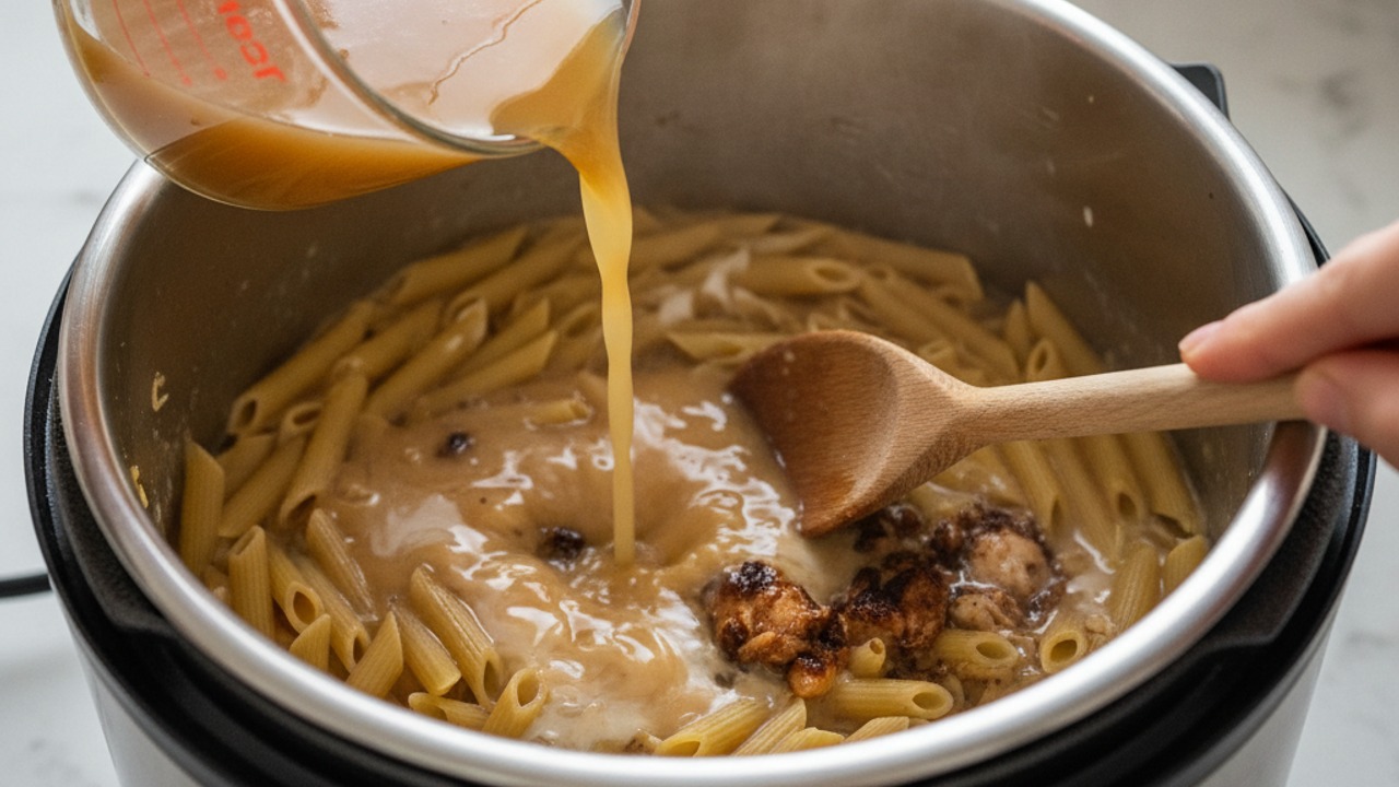 Add pasta and broth, deglaze