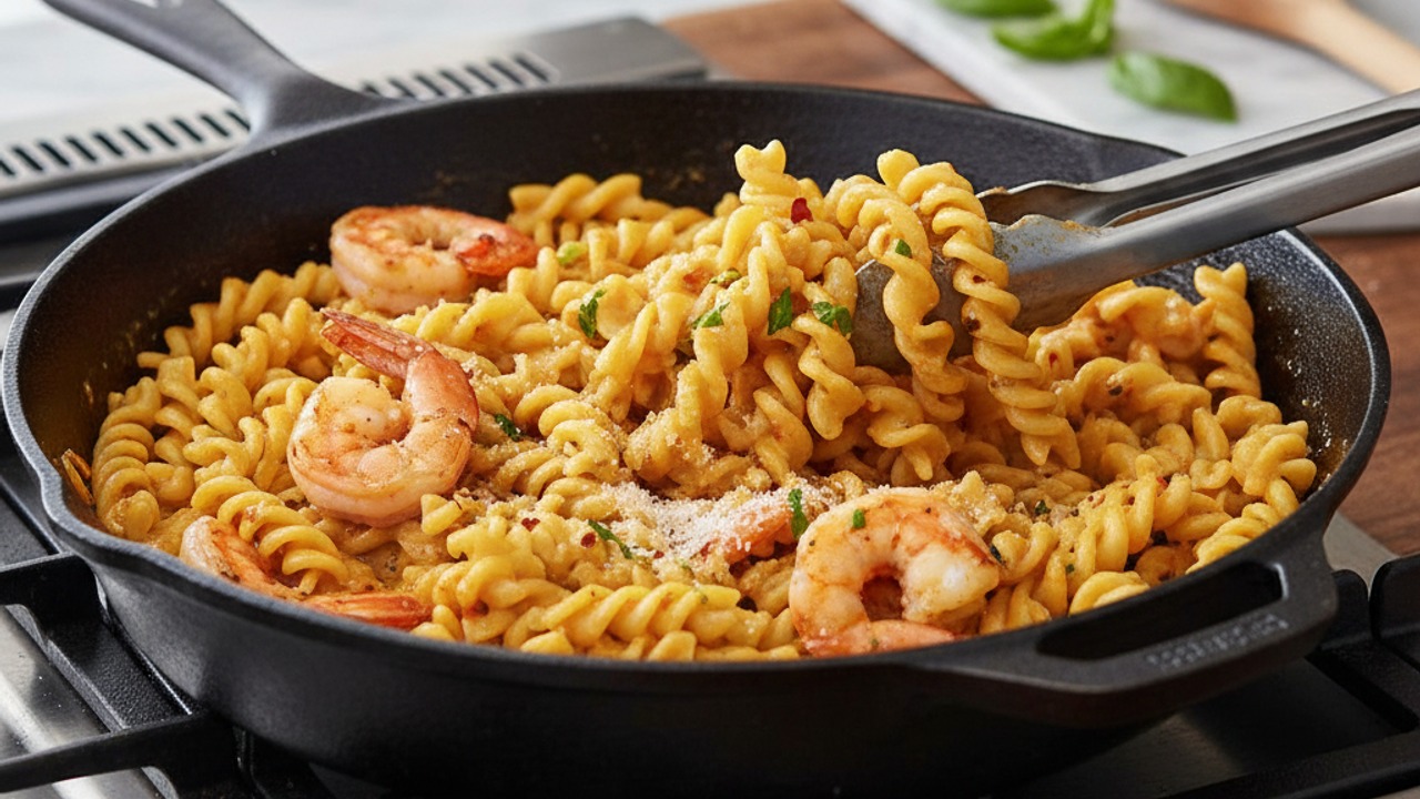 Toss pasta with sauce and return shrimp