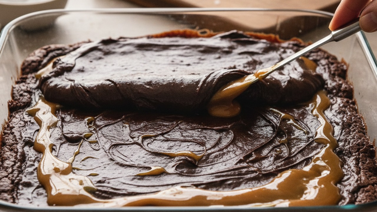 Assemble: layer batter and caramel