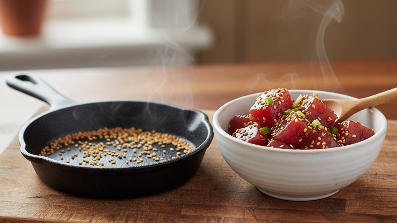 Toast sesame seeds and rest the tuna