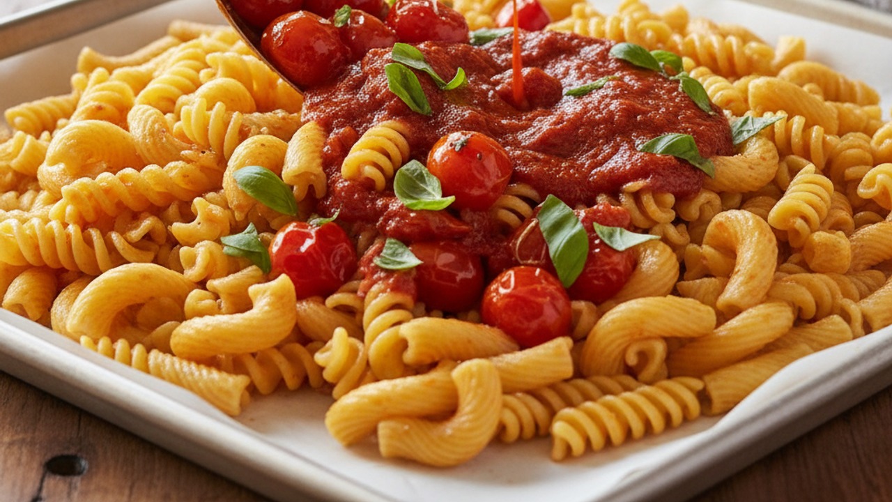 Combine pasta, sauce and roasted tomatoes