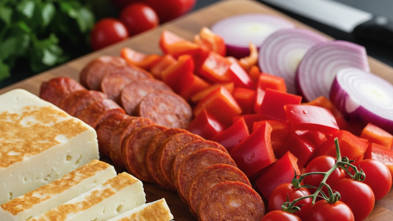 Prepare cheese, sausage and vegetables