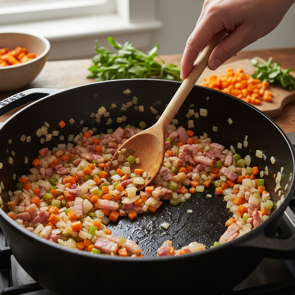 Sweat the mirepoix and cook pancetta