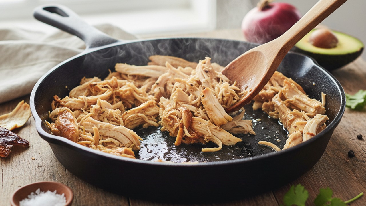 Shred and warm the rotisserie chicken