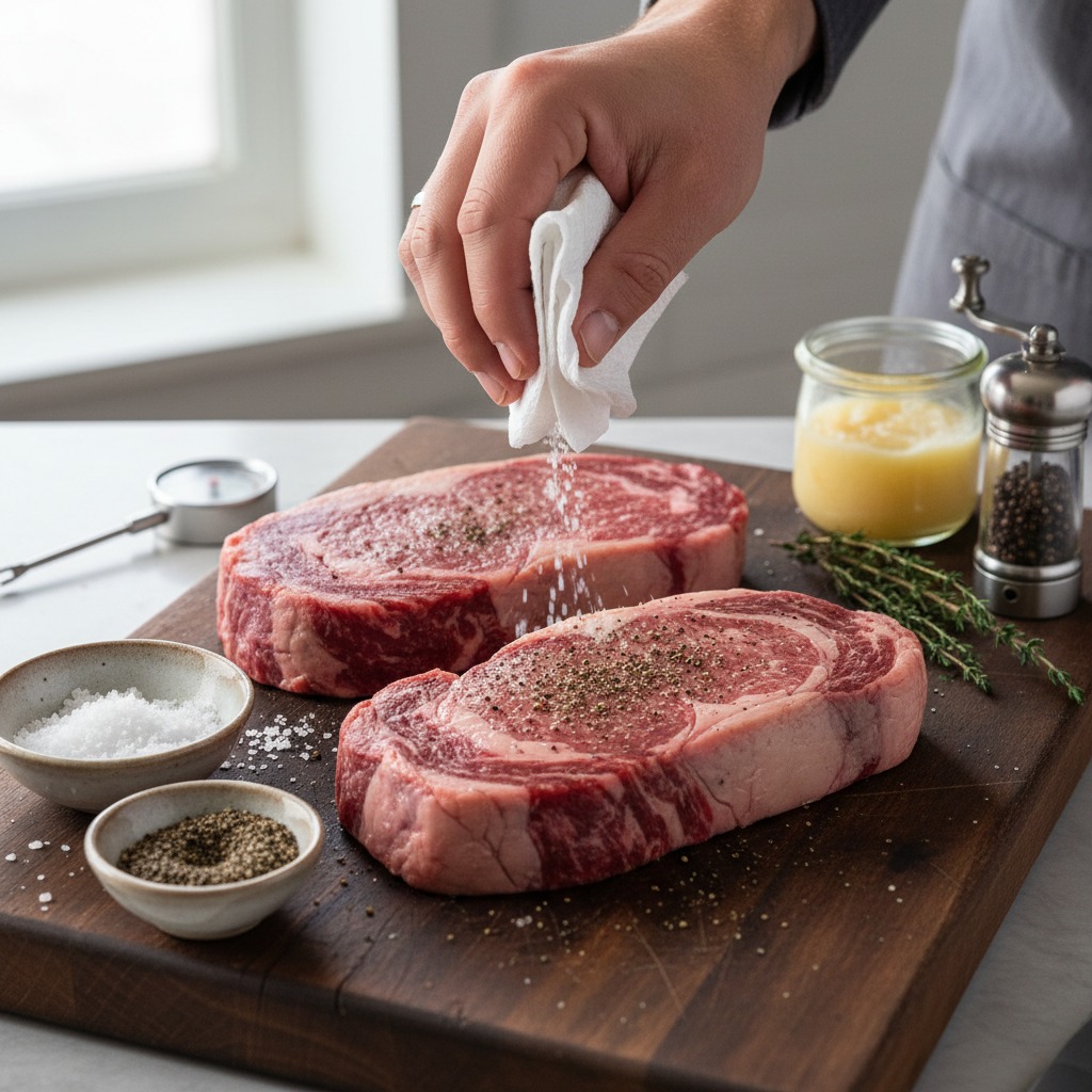 Bring steaks to room temperature and season
