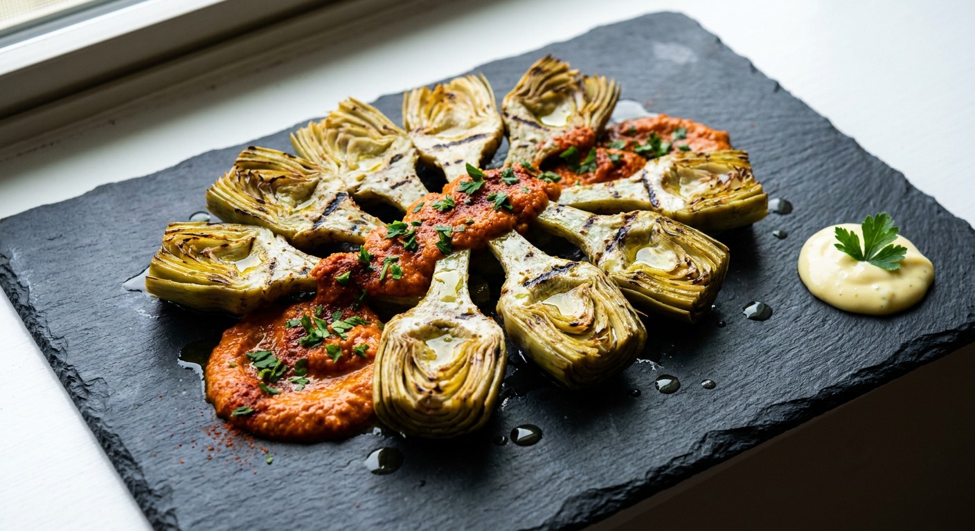 Grilled Artichoke Hearts with Smoky Romesco and Lemon‑Garlic Aioli