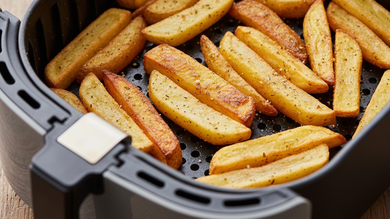 Par-cook the fries in the air fryer