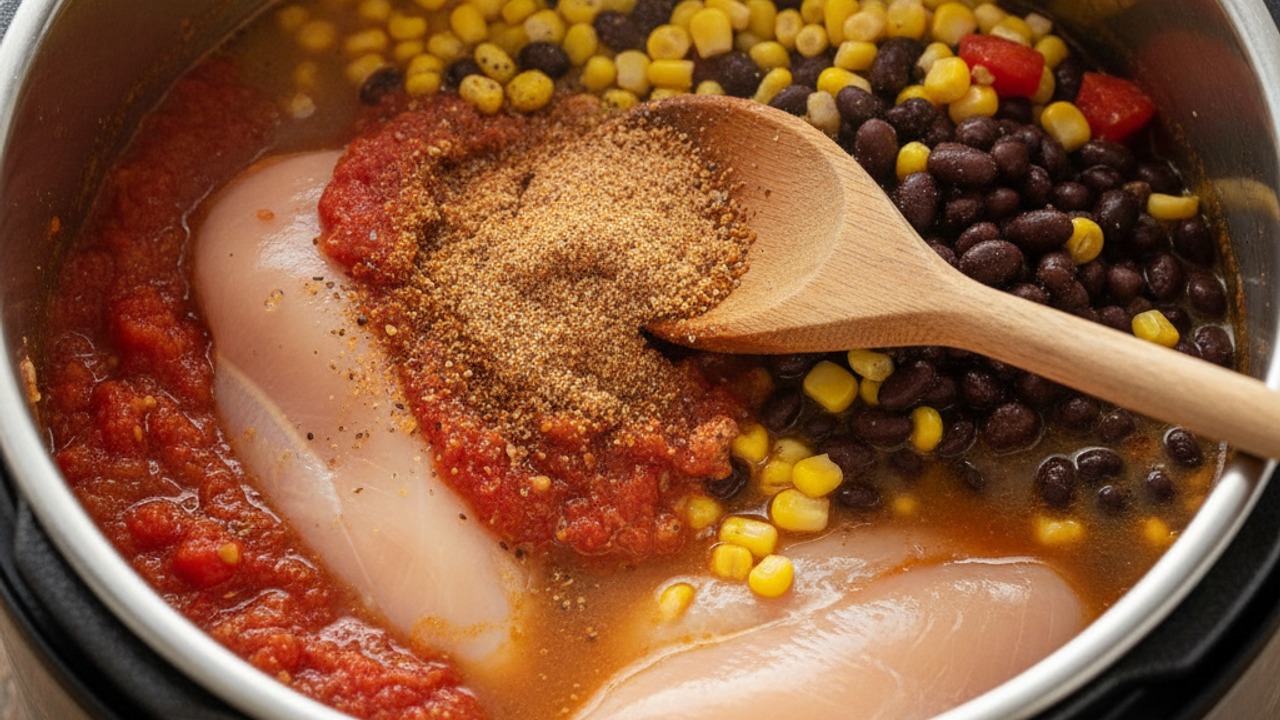 Add seasonings, vegetables and chicken