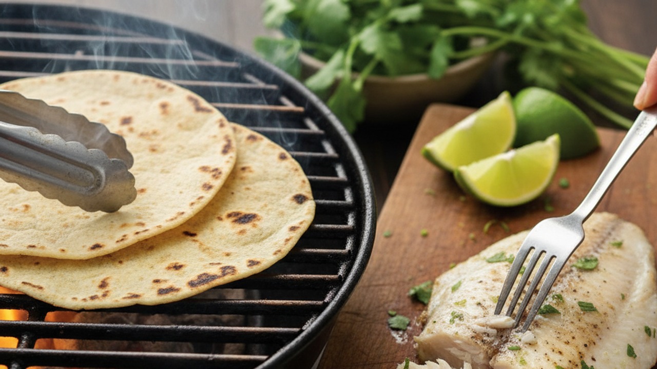 Warm the tortillas and flake the fish