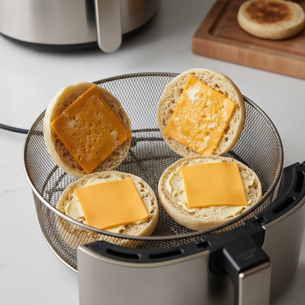 Toast muffins and melt cheese