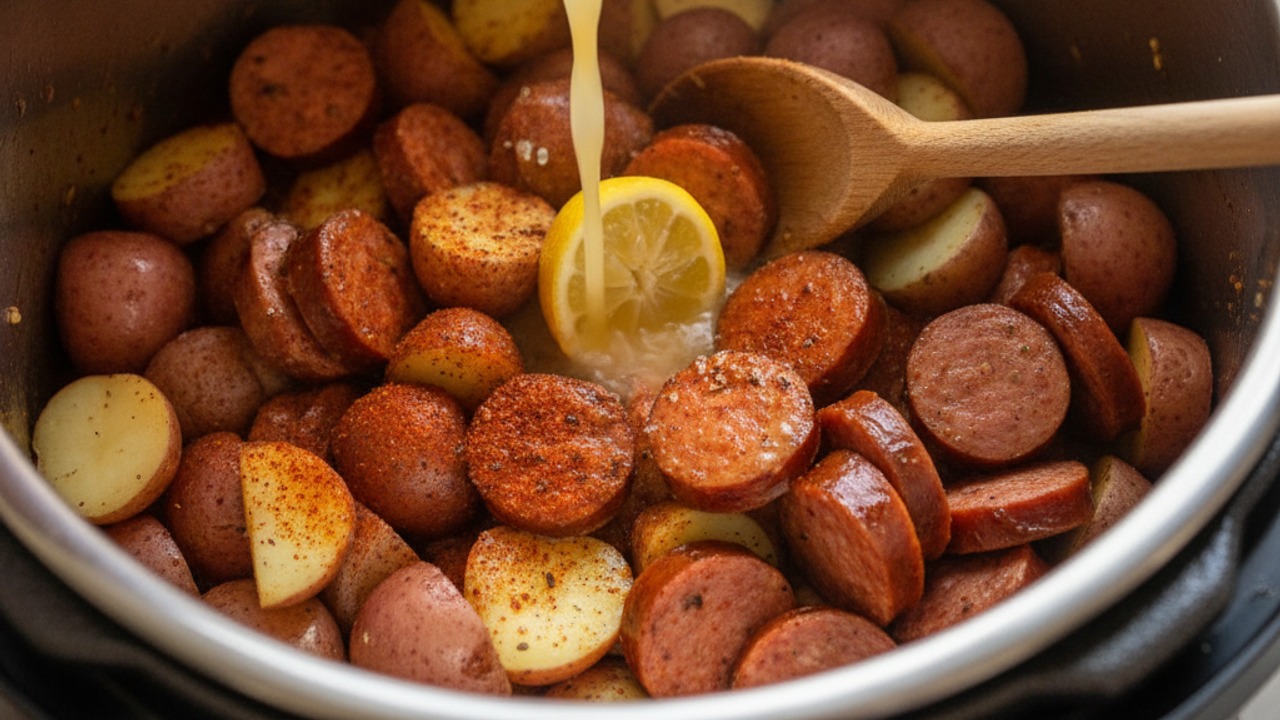 Add liquid, seasonings, potatoes and sausage