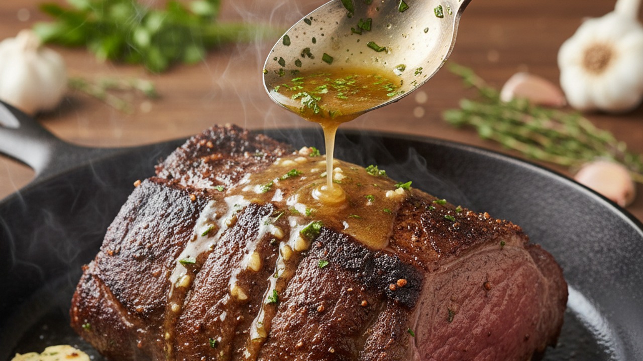 Sear and finish with garlic-herb butter