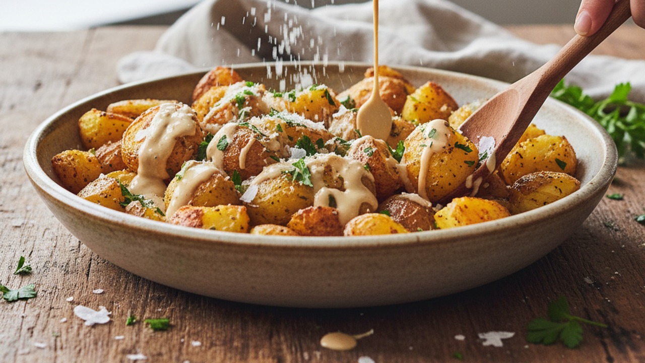 Toss potatoes with tahini and finish