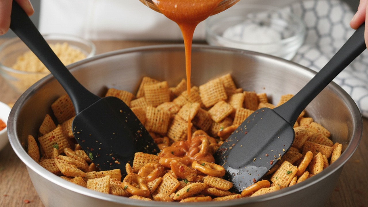 Coat the cereal and pretzels