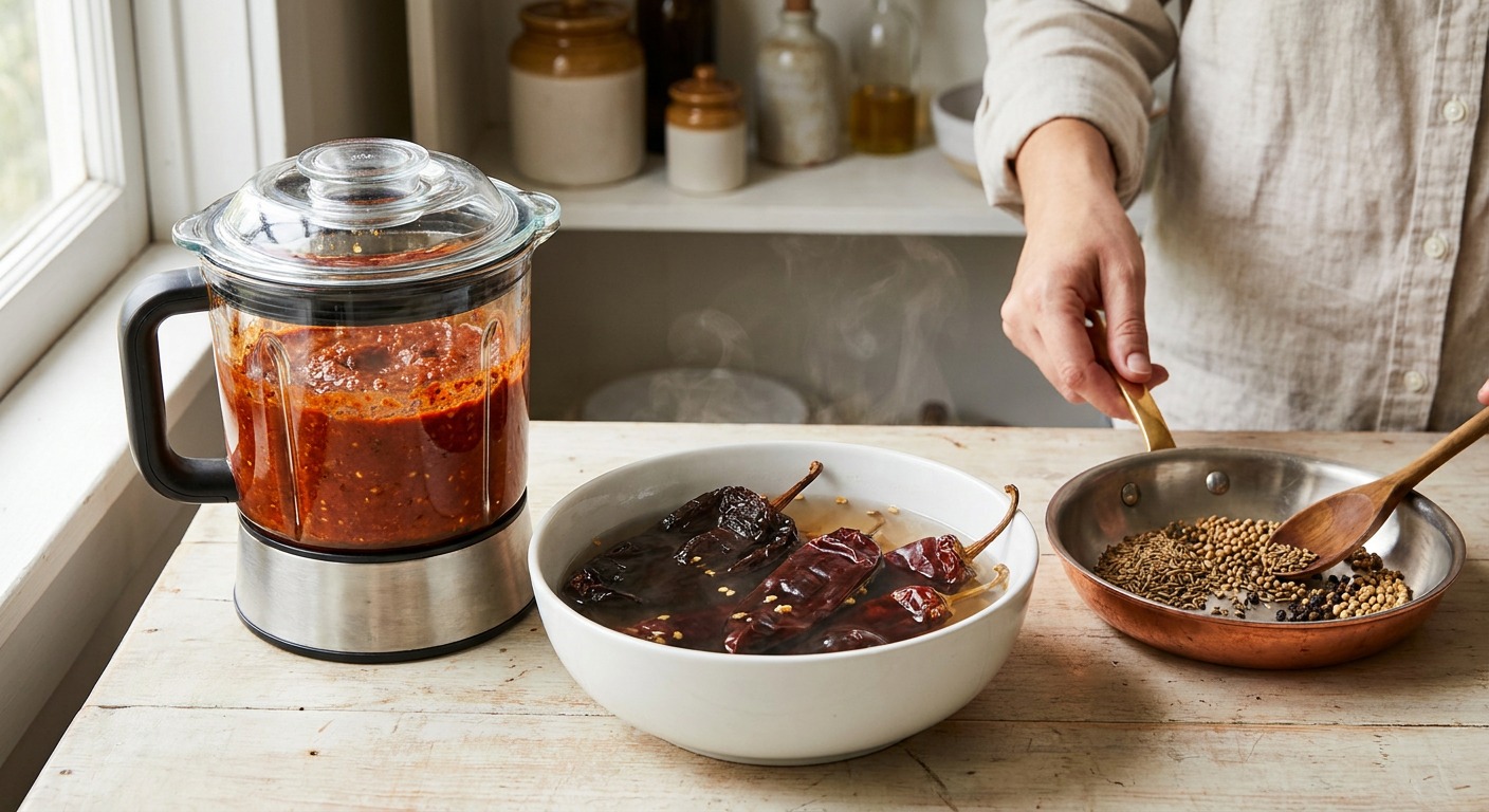 Make chile-spice paste and prep ribs