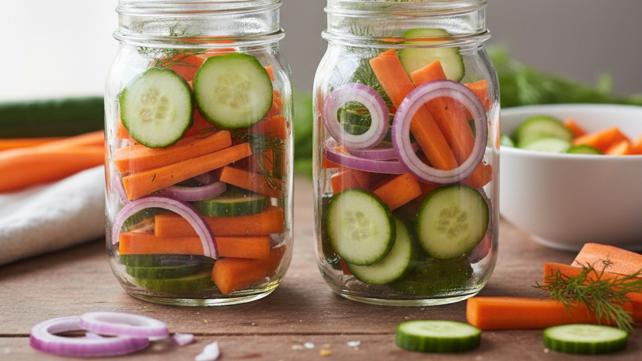 Pack jars with vegetables and aromatics