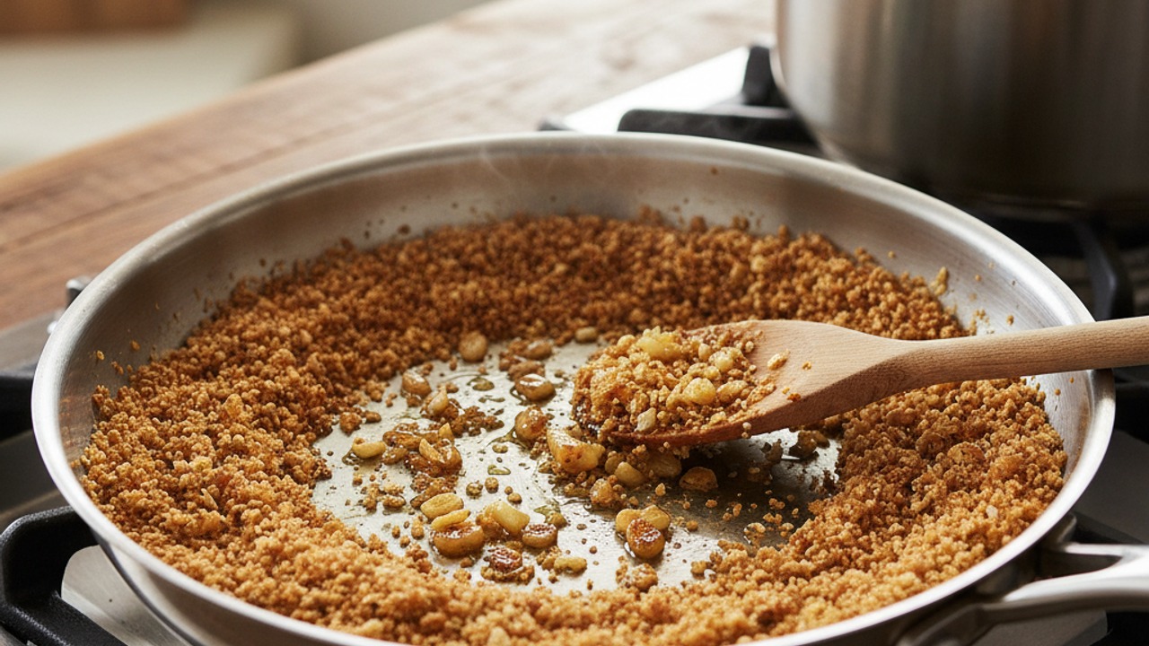 Toast the breadcrumbs and garlic