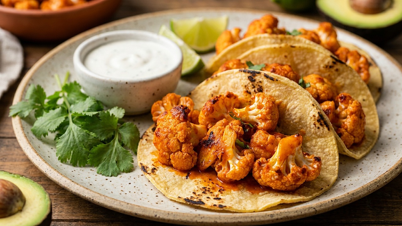 Air Fryer Buffalo Cauliflower Tacos with Creamy Cashew Ranch (Vegan)