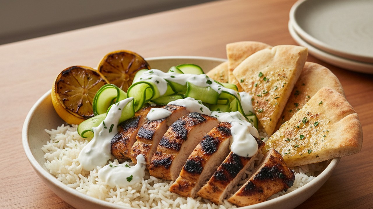 Grilled Chicken Shawarma Bowl with Charred Lemon, Quick‑Pickled Cucumber & Garlic‑Yogurt
