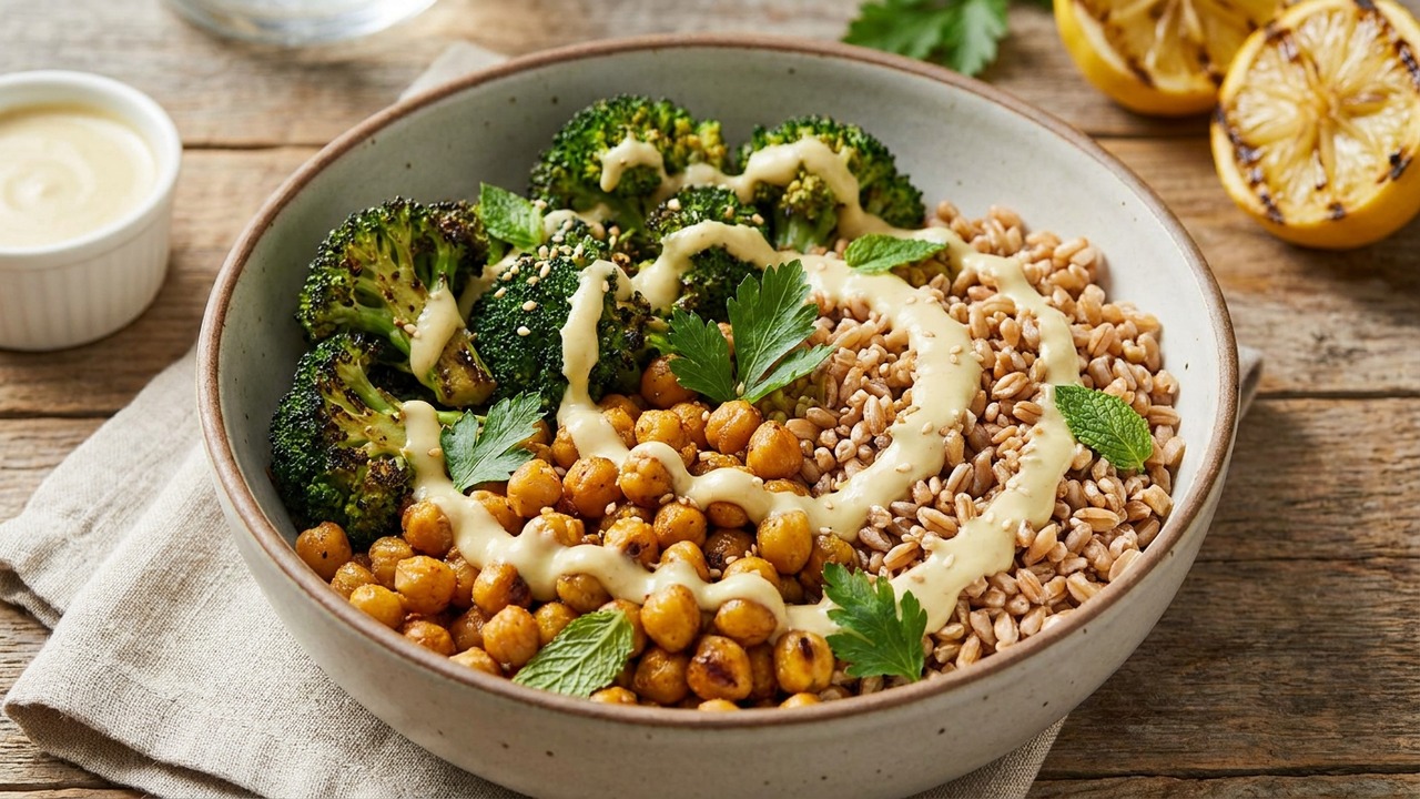 Grilled Chickpea and Broccoli Grain Bowl with Tahini-Lemon Drizzle