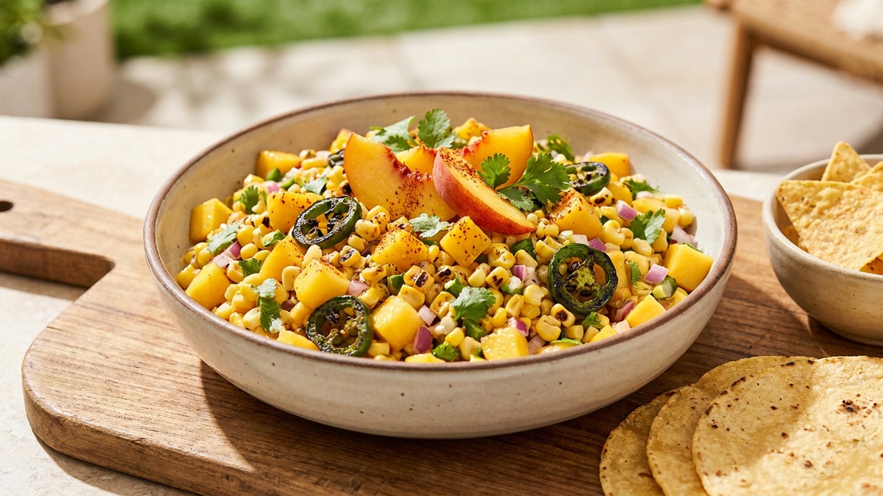 Peach Corn Salsa with Charred Jalapeño for Tacos