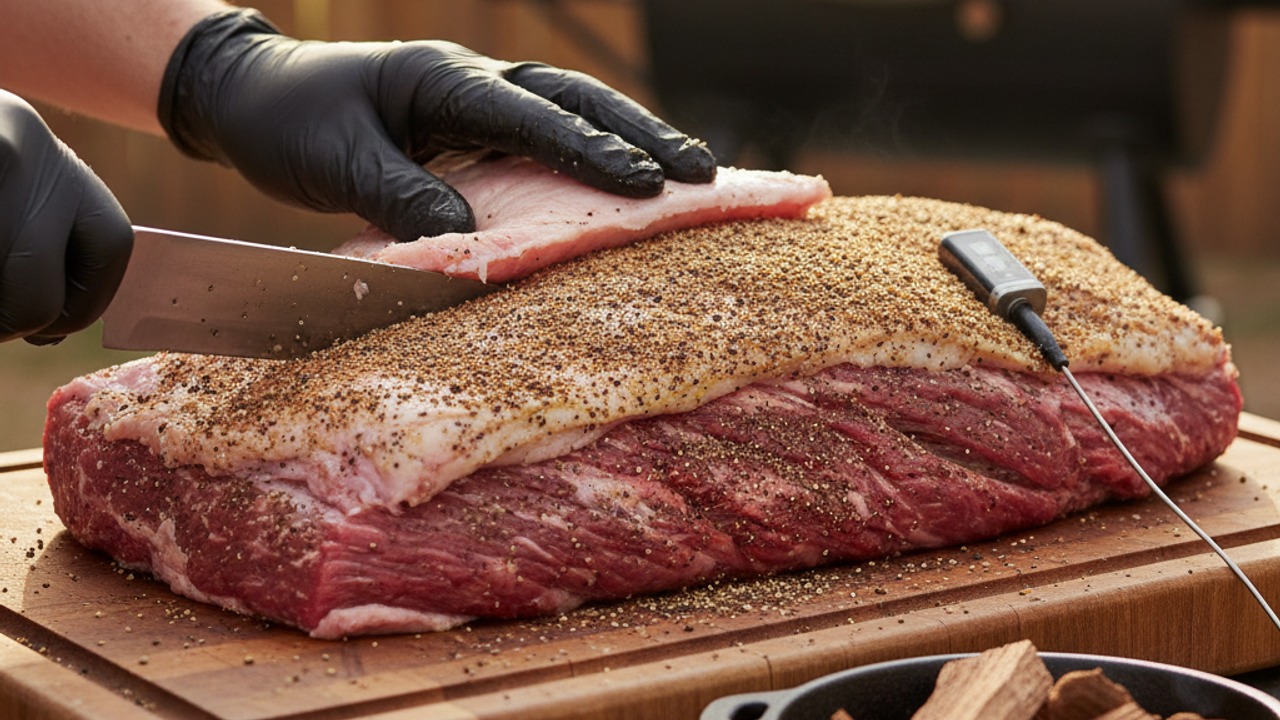 Trim, season and begin smoking the brisket