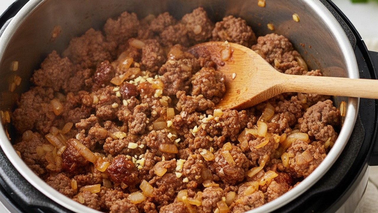 Sauté aromatics and brown beef