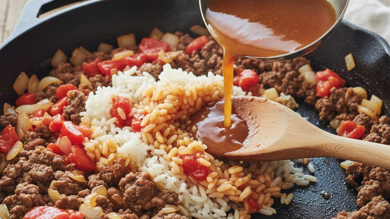 Add rice, tomatoes and broth