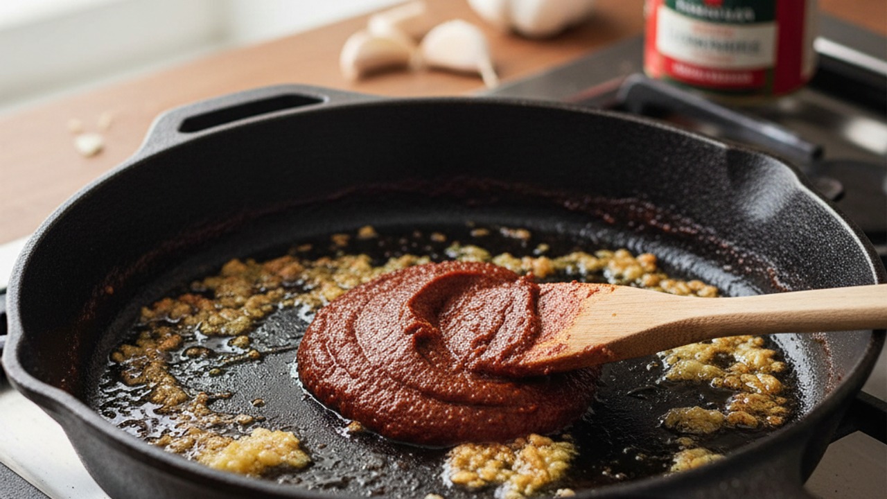 Toast the garlic and deepen with tomato paste