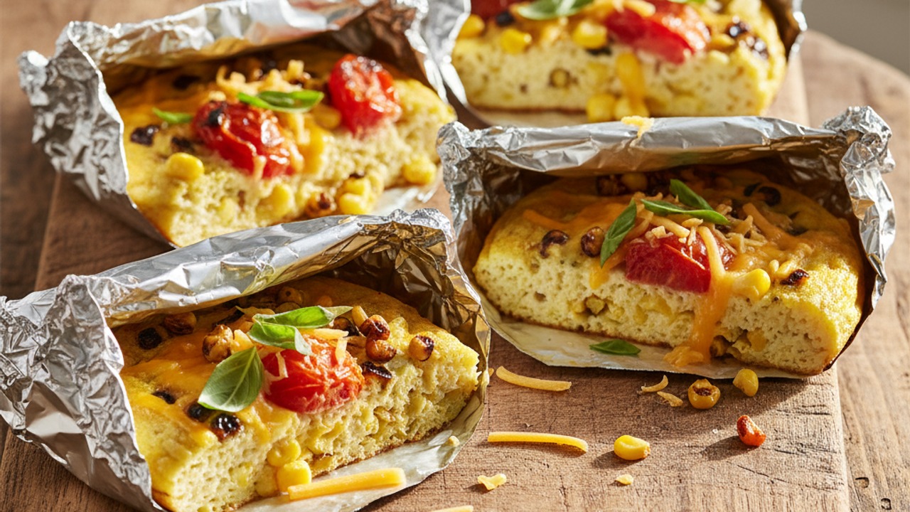Labor Day Grilled Foil-Pack Frittatas with Charred Corn, Heirloom Tomatoes & Basil