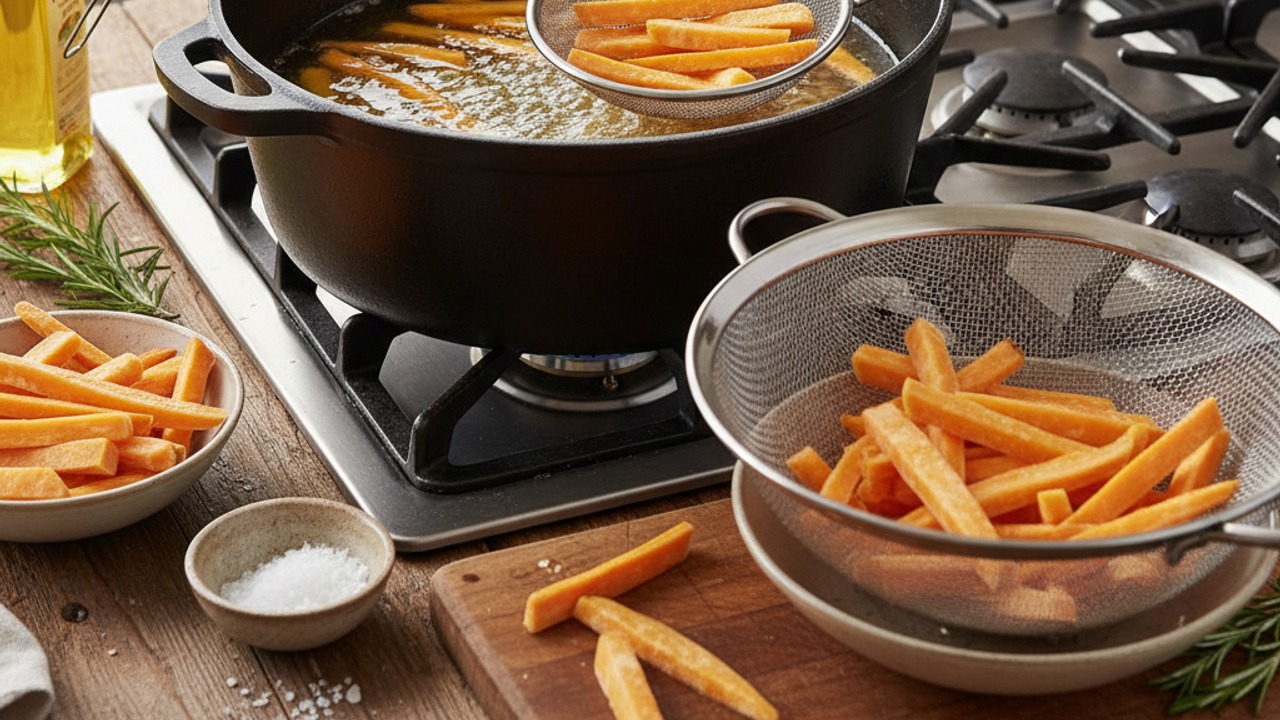 First (low-temp) fry — cook through