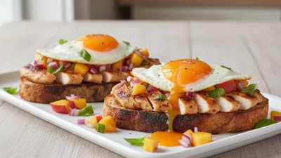 Open-Faced Grilled Maple‑Mustard Chicken & Peach Breakfast Toast with Fried Egg