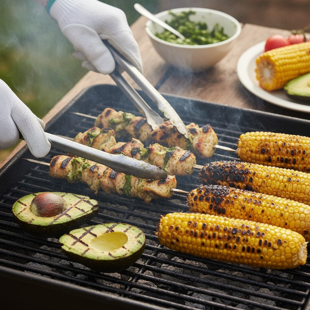 Grill chicken, char corn, and grill avocados