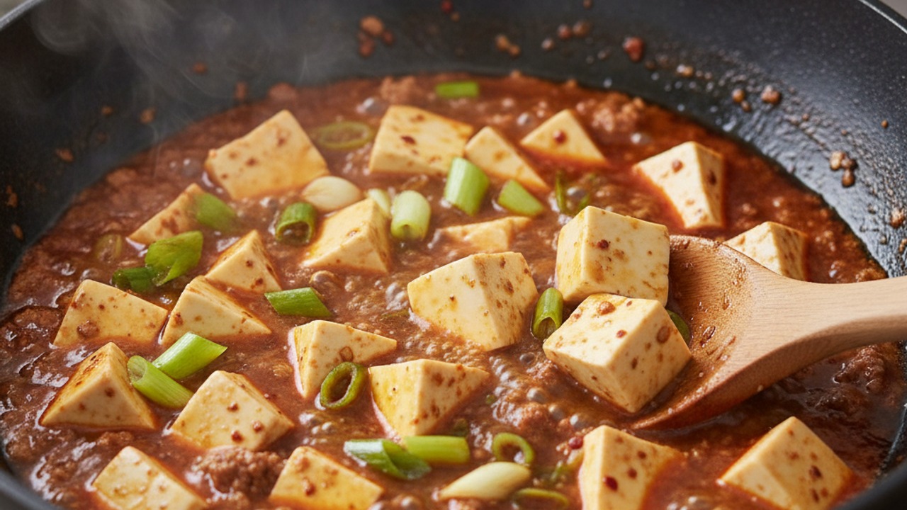 Simmer tofu in stock with green onions
