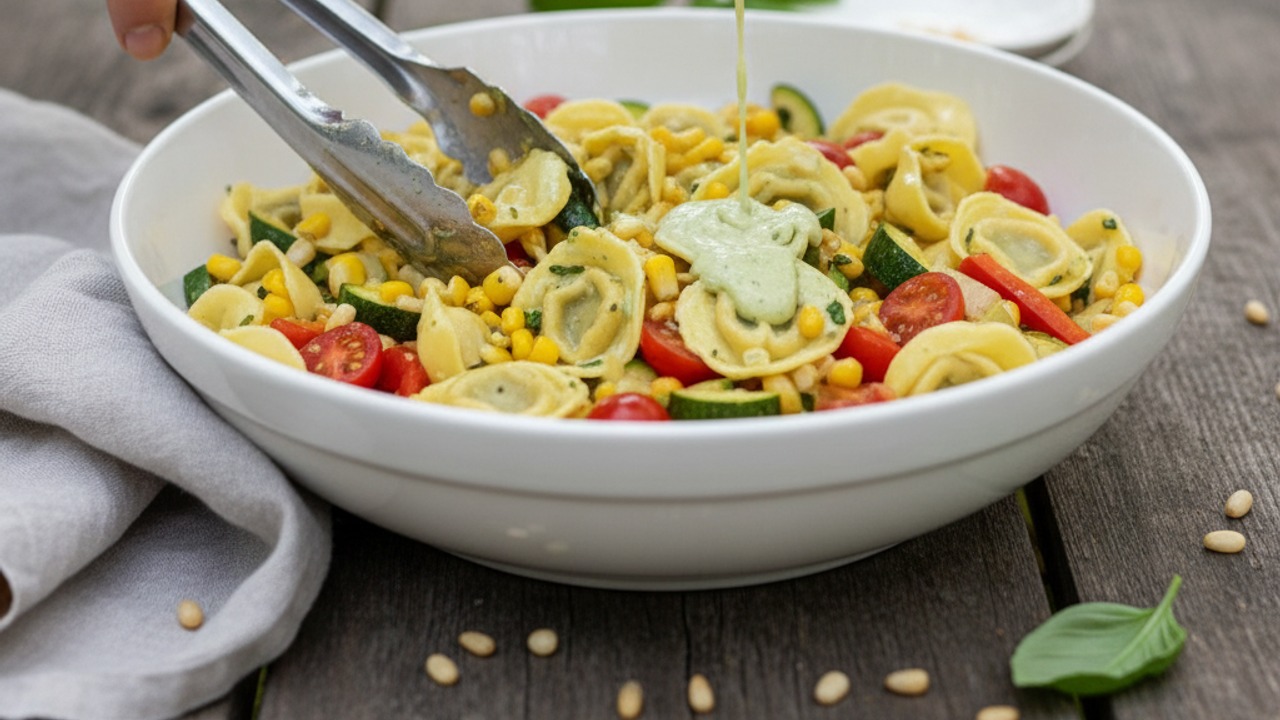 Toss pasta with dressing and veggies