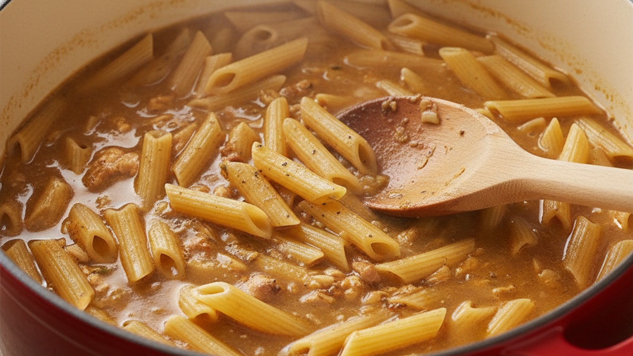 Add pasta and broth, bring to a simmer