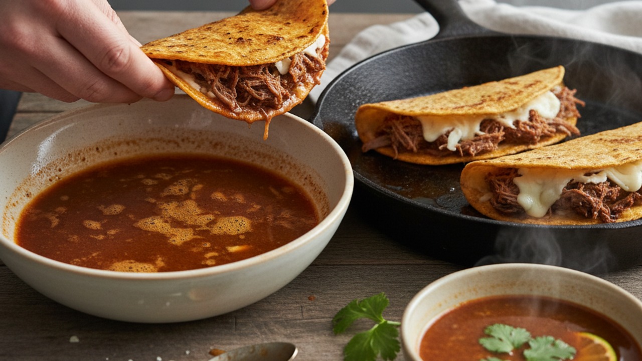 Assemble and crisp birria tacos