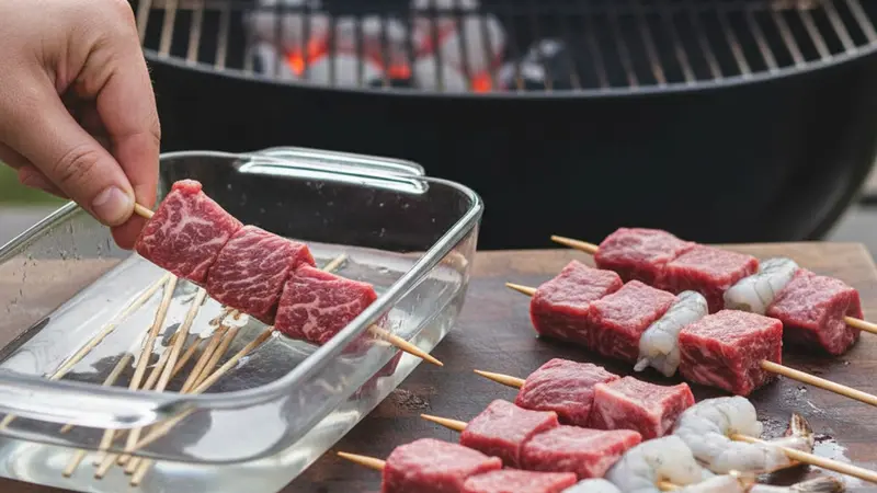 Prepare skewers and set up two‑zone fire