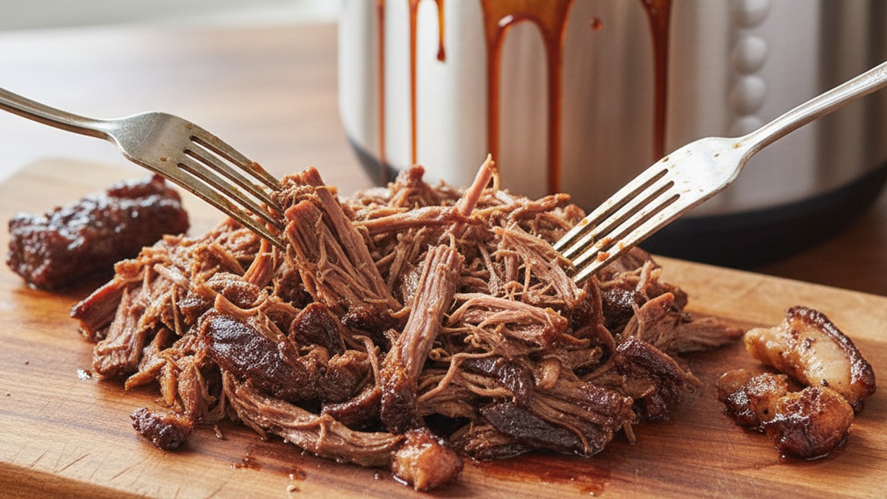 Shred the beef and reduce the sauce