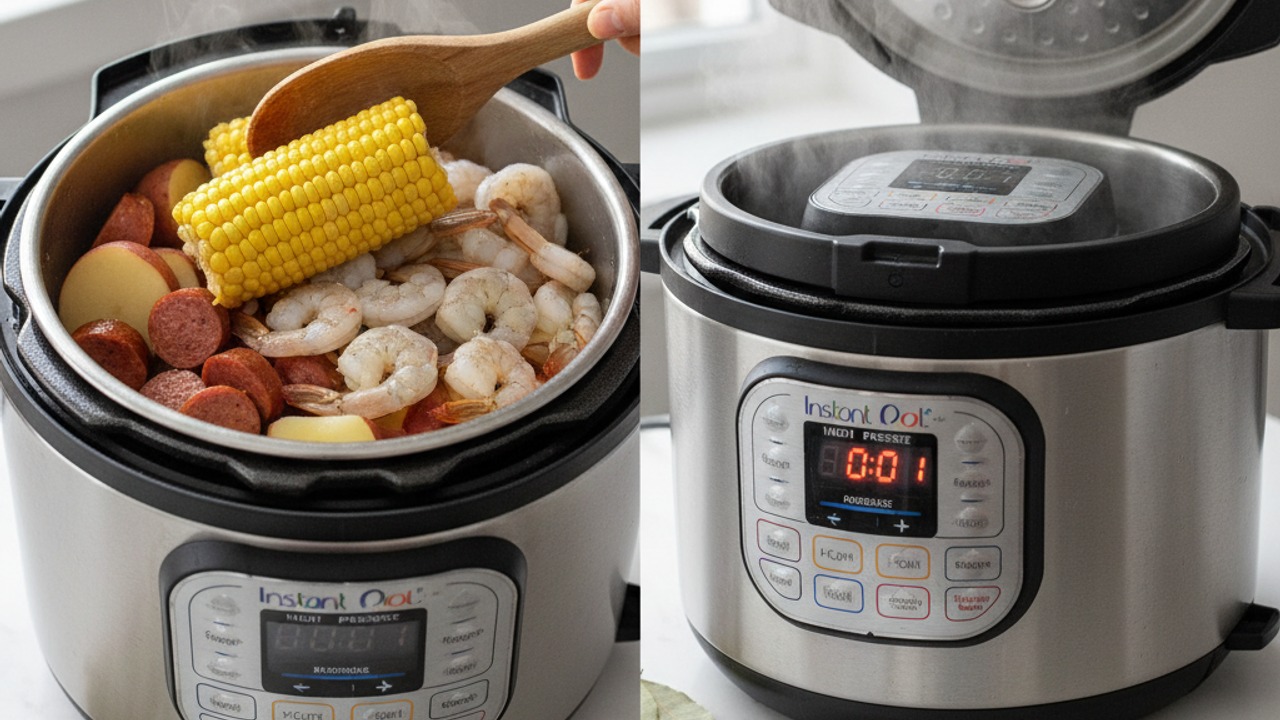 Add corn and shrimp, then finish under pressure