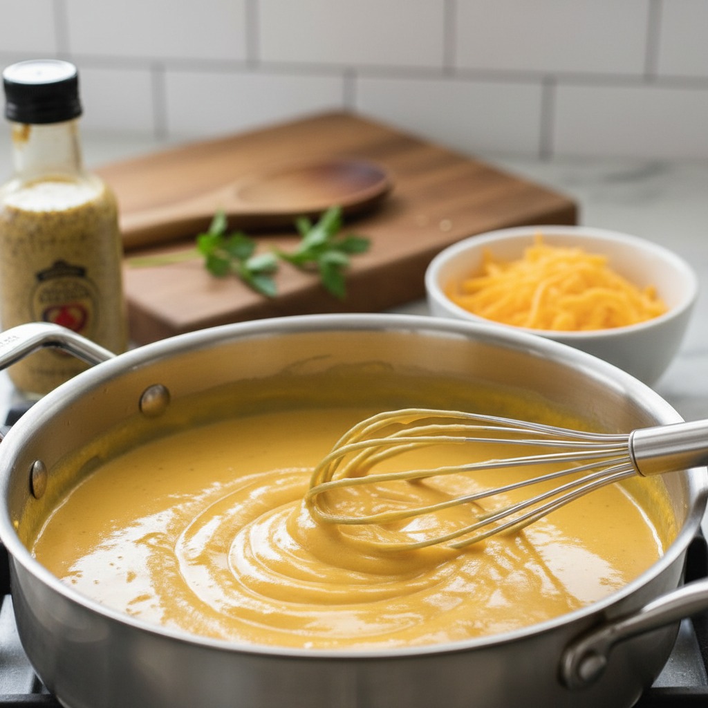 Make the creamy mustard-cheddar sauce