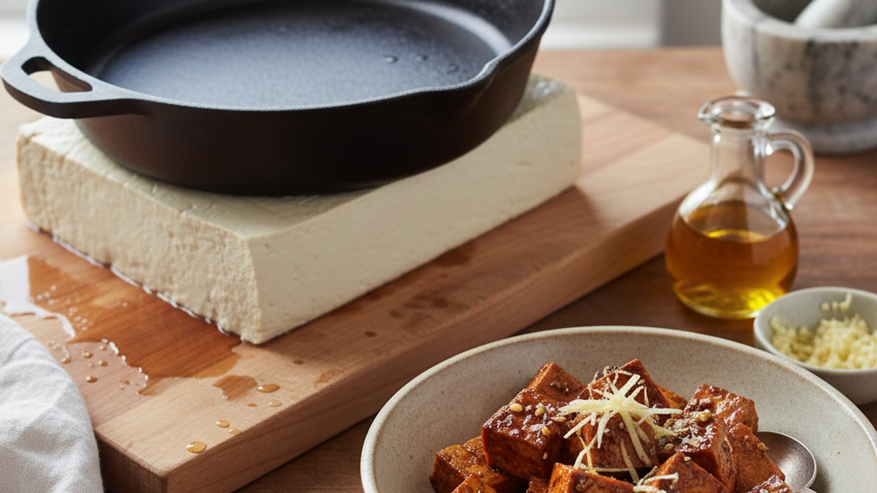 Press, cube and marinate the tofu