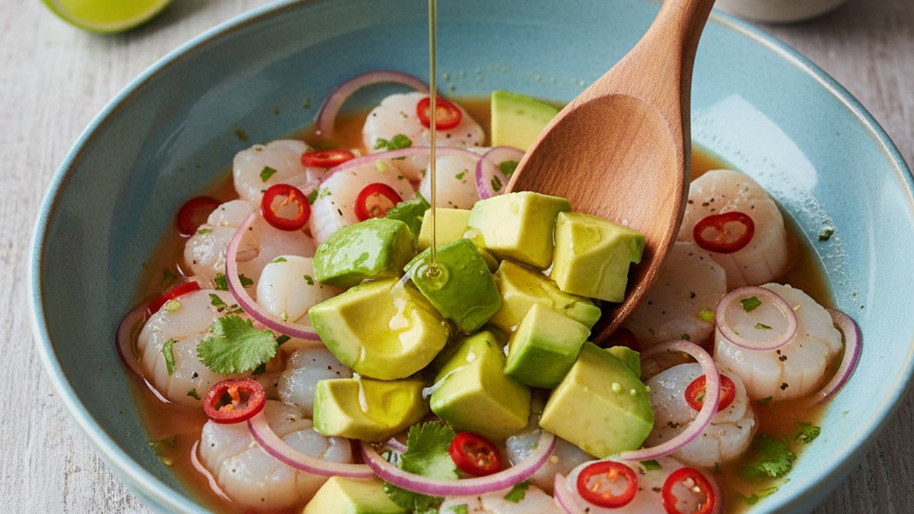 Fold in avocado and oil