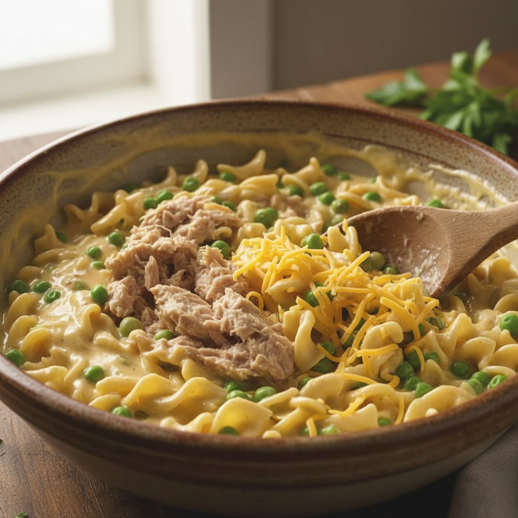 Combine pasta, tuna, and cheese